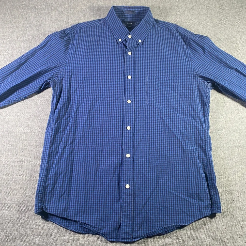 J.Crew Mens Slim‎ Fit Button Down Shirt Blue Gingham Check Long Sleeve L